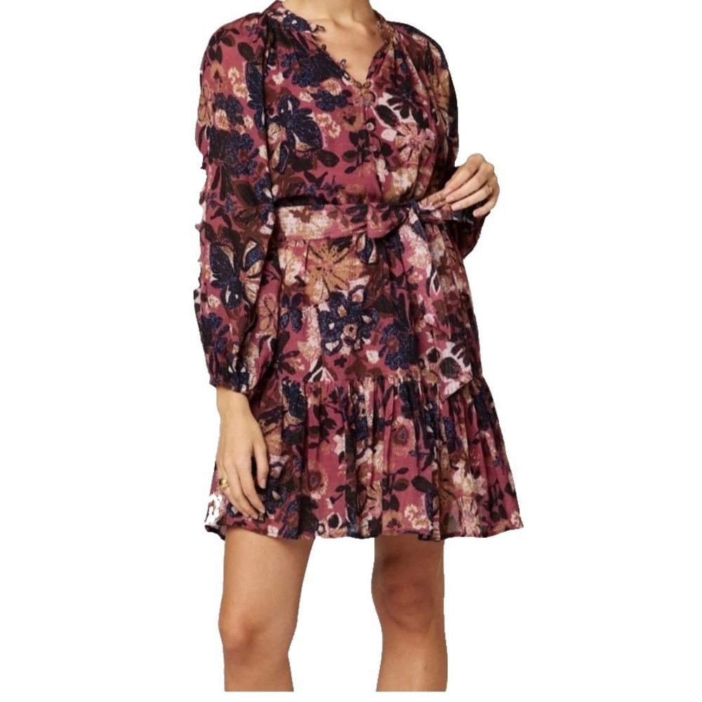 Cleobella Elvia Tie Waist Long Sleeve Minidress Med Floral Purple Boho Travel